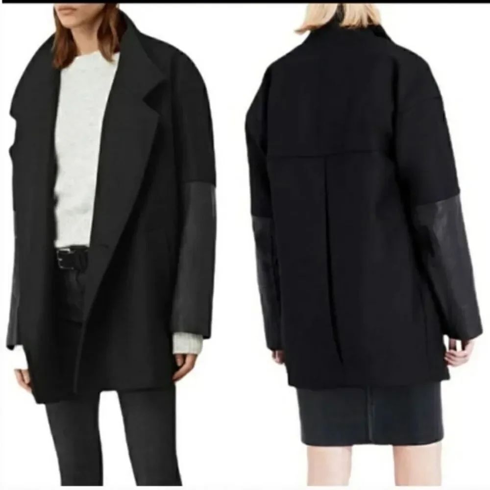All Saints Meade Lea Coat Black Wool/ Leather Size 4 NWT